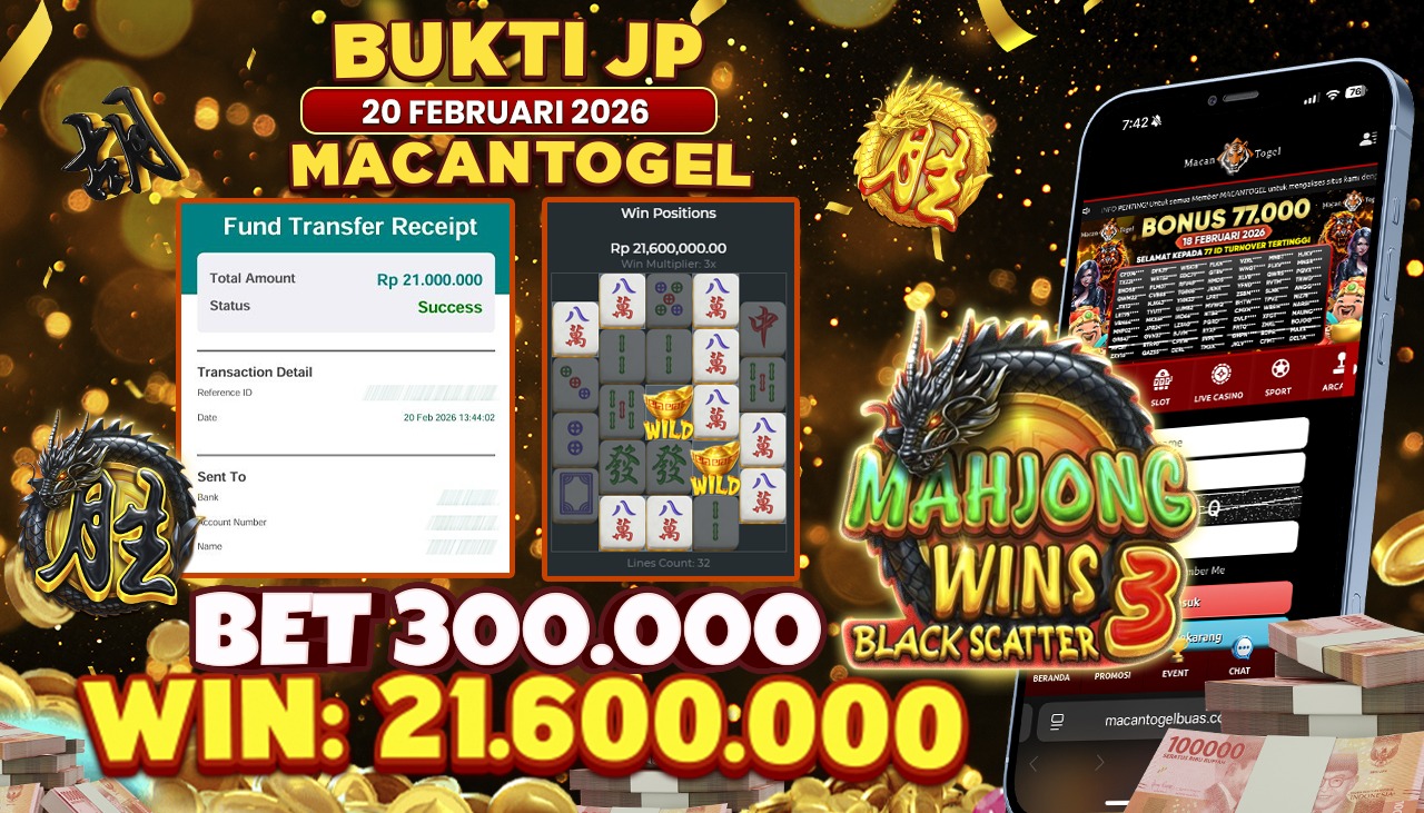 MACANTOGEL JACKPOT PERMAINAN SLOT PRAGMATIC PLAY MAHJONG WINS 3 BLACK SCATTER Rp.21.600.000,- LUNAS