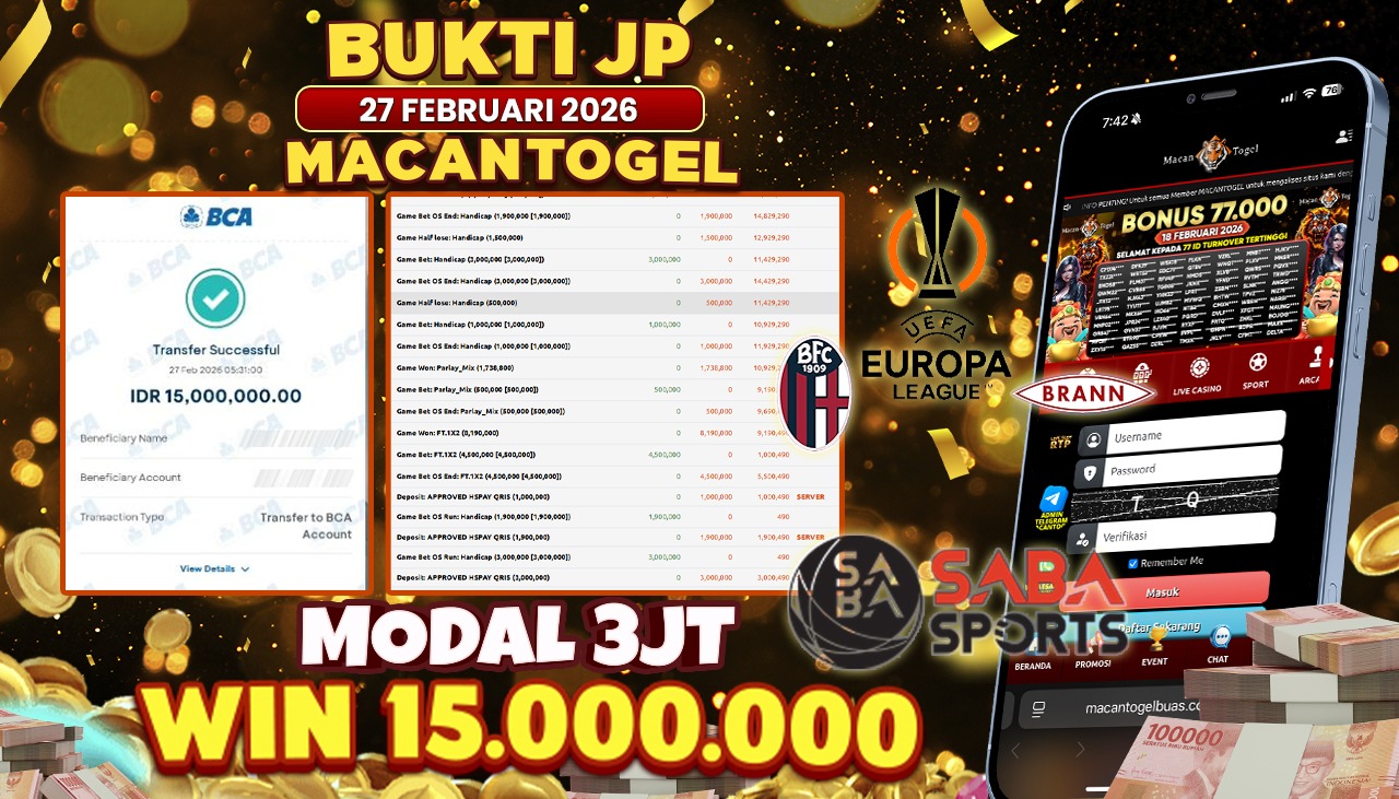 MACANTOGEL JACKPOT PERMAINAN SPORTSBOOK SABA SOCCER Rp.15.000.000,- LUNAS