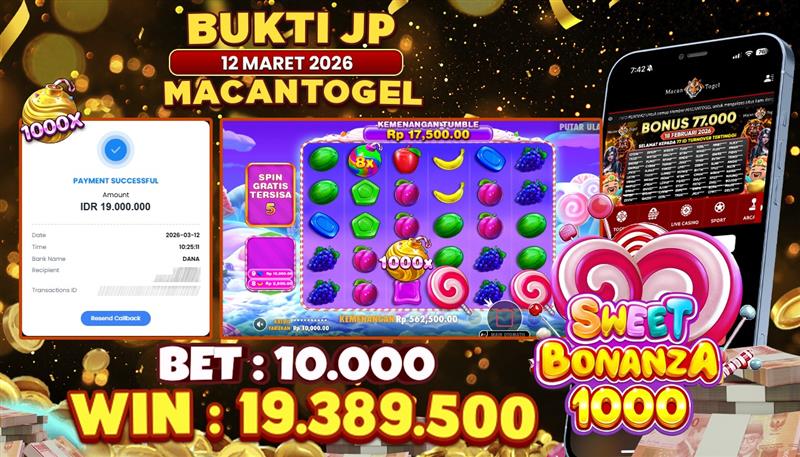 MACANTOGEL JACKPOT PERMAINAN SLOT PRAGMATIC PLAY SWEET BONANZA 1000 Rp.19.389.500,- LUNAS