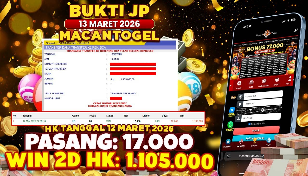 MACANTOGEL JACKPOT PERMAINAN TOGEL 4D HK Rp.1.105.000,- LUNAS