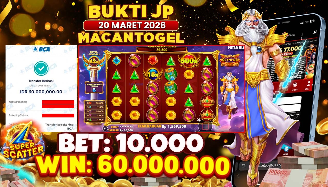 MACANTOGEL JACKPOT PERMAINAN SLOT PRAGMATIC PLAY GATE OF OLYMPUS SUPER SCATTER Rp.60.000.000,- LUNAS