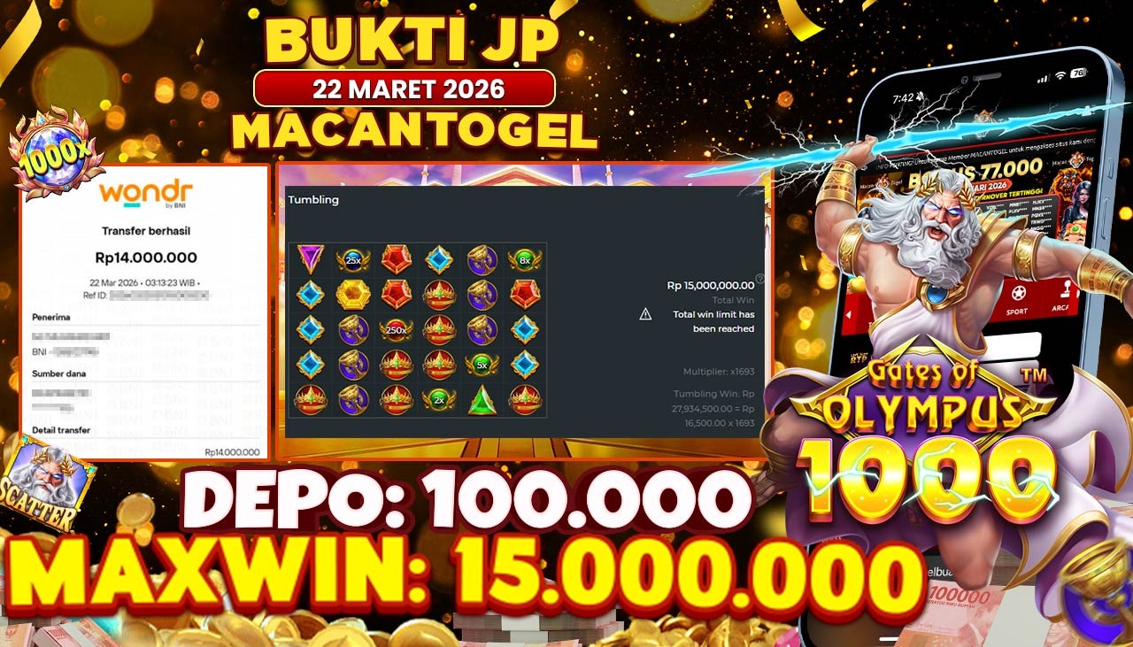 MACANTOGEL JACKPOT PERMAINAN SLOT PRAGMATIC PLAY GATES OF OLYMPUS 1000 Rp.15.000.000,- LUNAS