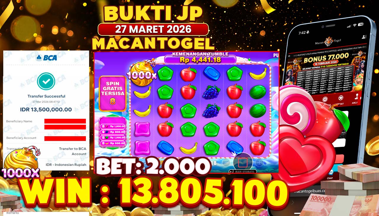 MACANTOGEL JACKPOT PERMAINAN SLOT PRAGMATIC PLAY SWEET BONANZA 1000 Rp.13.805.100,- LUNAS
