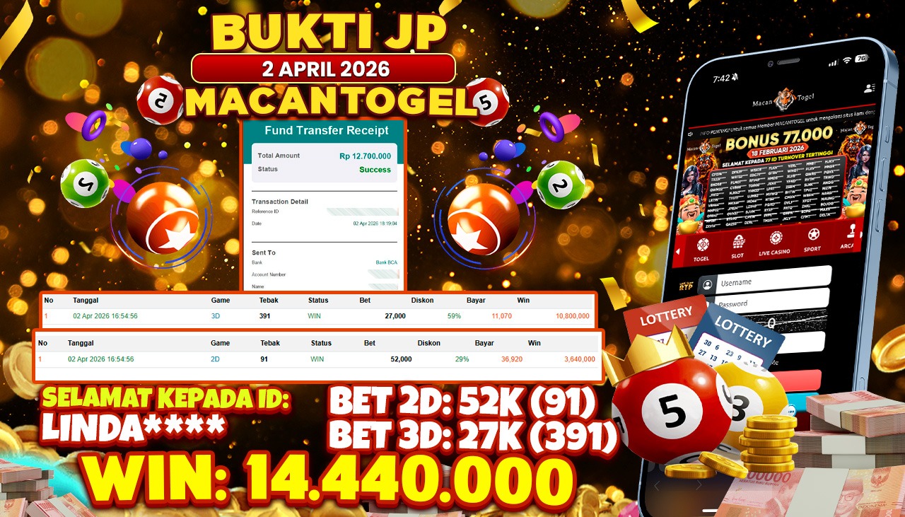 MACANTOGEL JACKPOT PERMAINAN TOGEL 4D SGP Rp.14.440.000,- LUNAS