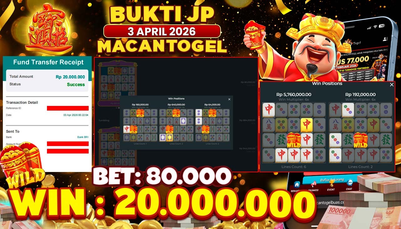 MACANTOGEL JACKPOT PERMAINAN SLOT PRAGMATIC PLAY MAHJONG WINS GONG XI FA CAI Rp.20.000.000,- LUNAS