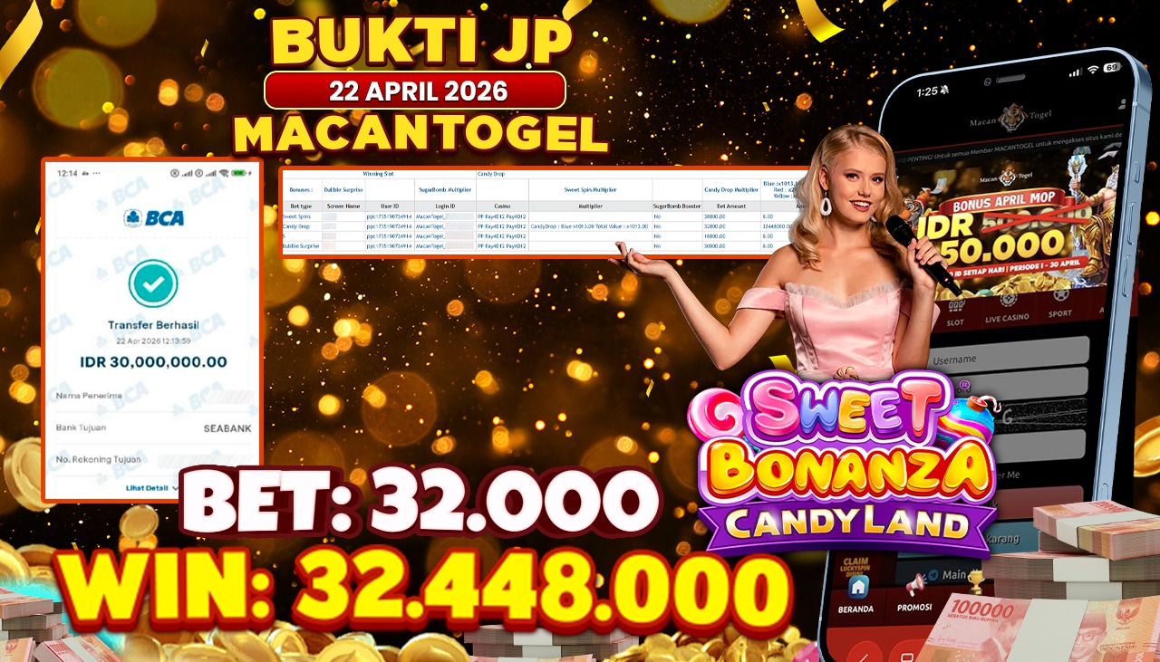 MACANTOGEL JACKPOT PERMAINAN CASINO PRAGMATIC PLAY SWEET BONANZA CANDY LAND Rp.32.448.000,- LUNAS