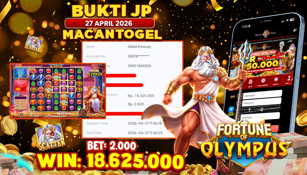MACANTOGEL JACKPOT PERMAINAN SLOT PRAGMATIC PLAY FORTUNE OF OLYMPUS Rp.18.625.000,- LUNAS