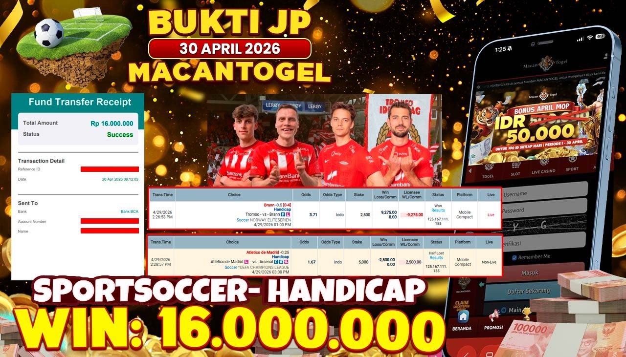 MACANTOGEL JACKPOT PERMAINAN SPORTSBOOK SABA SOCCER - HANDICAP Rp.16.000.000,- LUNAS