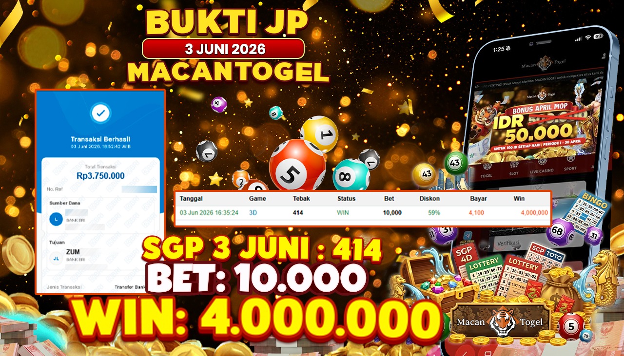 MACANTOGEL JACKPOT PERMAINAN TOGEL SINGAPORE 4D Rp.4.000.000,- LUNAS