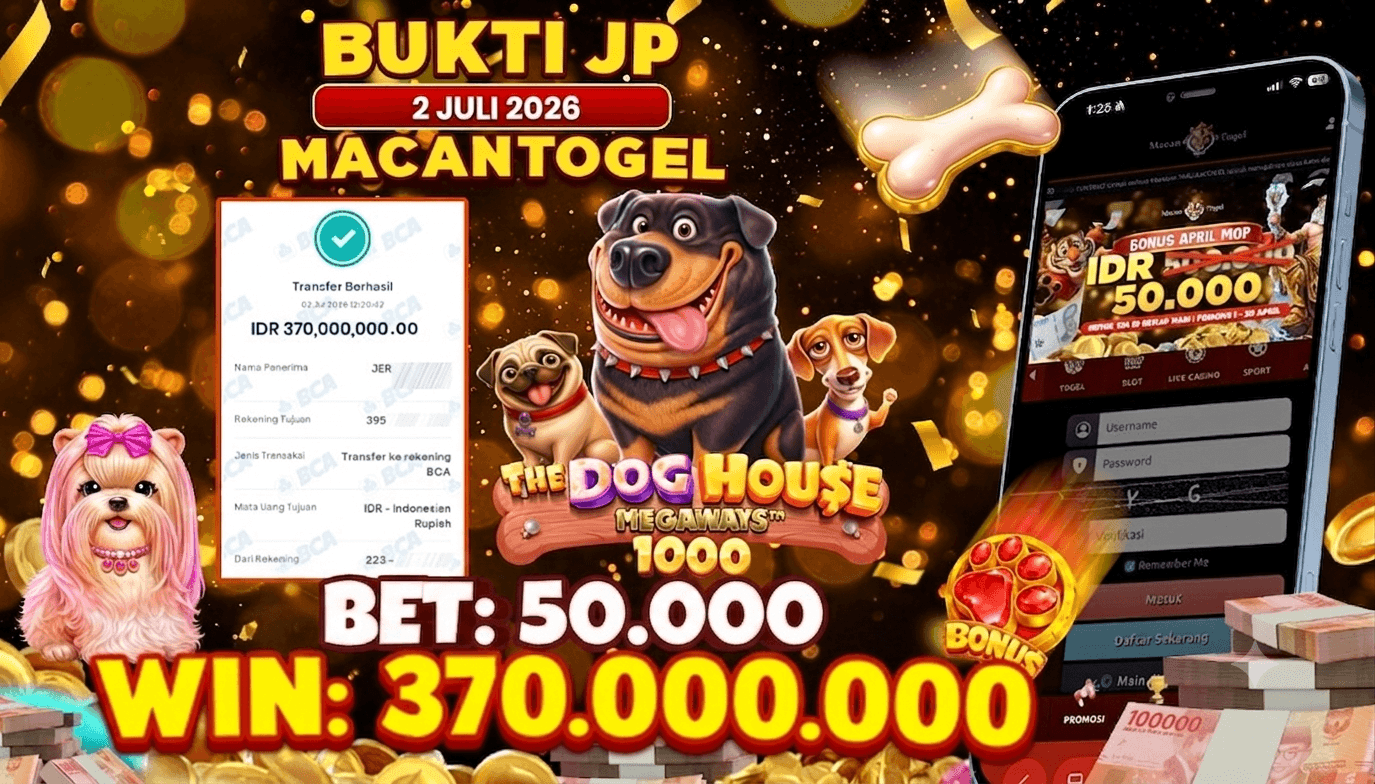 MACANTOGEL JACKPOT PERMAINAN SLOT PRAGMATIC PLAY The Dog House Megaways 1000 Rp.370.000.000,- LUNAS